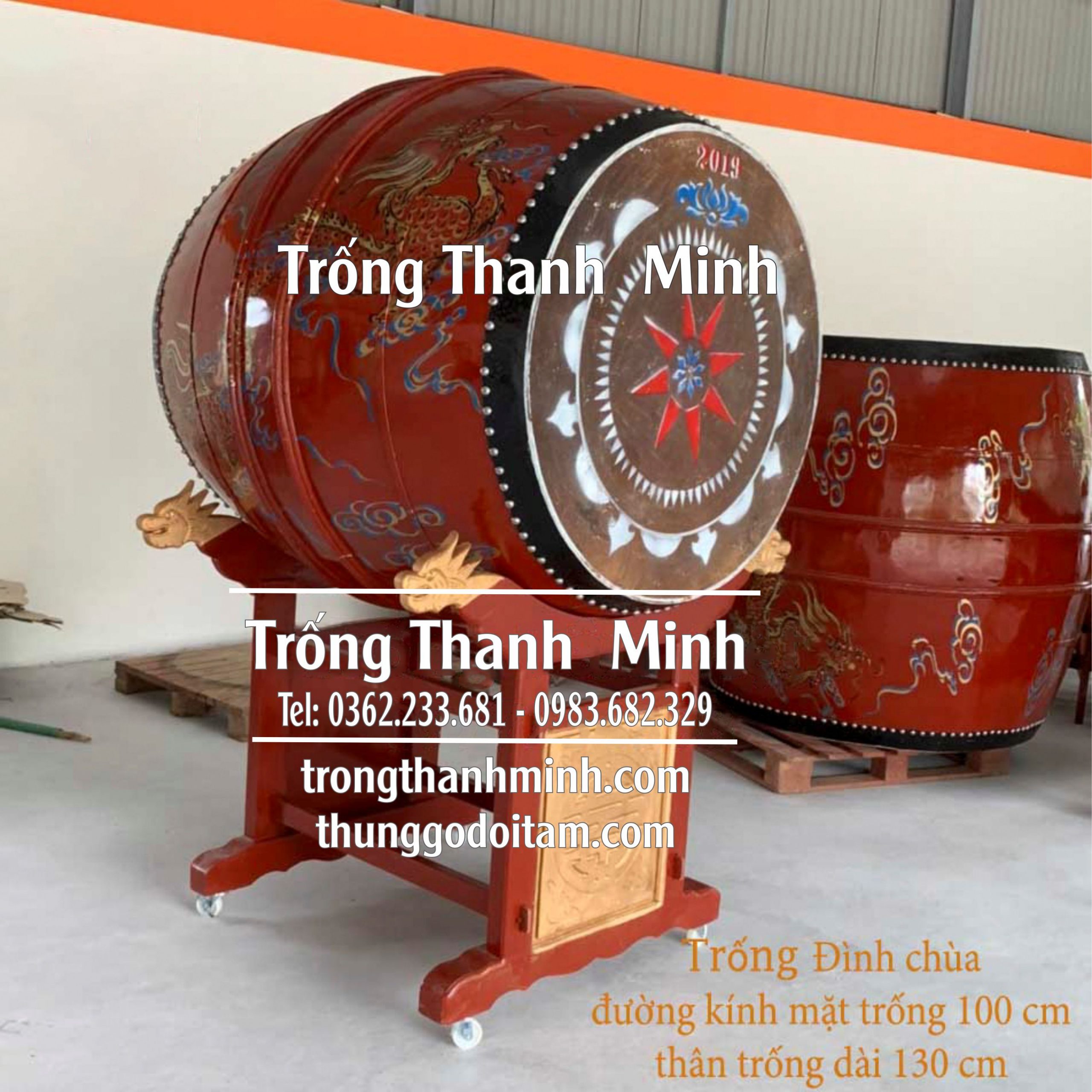 Xưởng sản xuất Trống Chùa - Trống Thanh Minh kích thước mặt trống 100cm cao 130cm